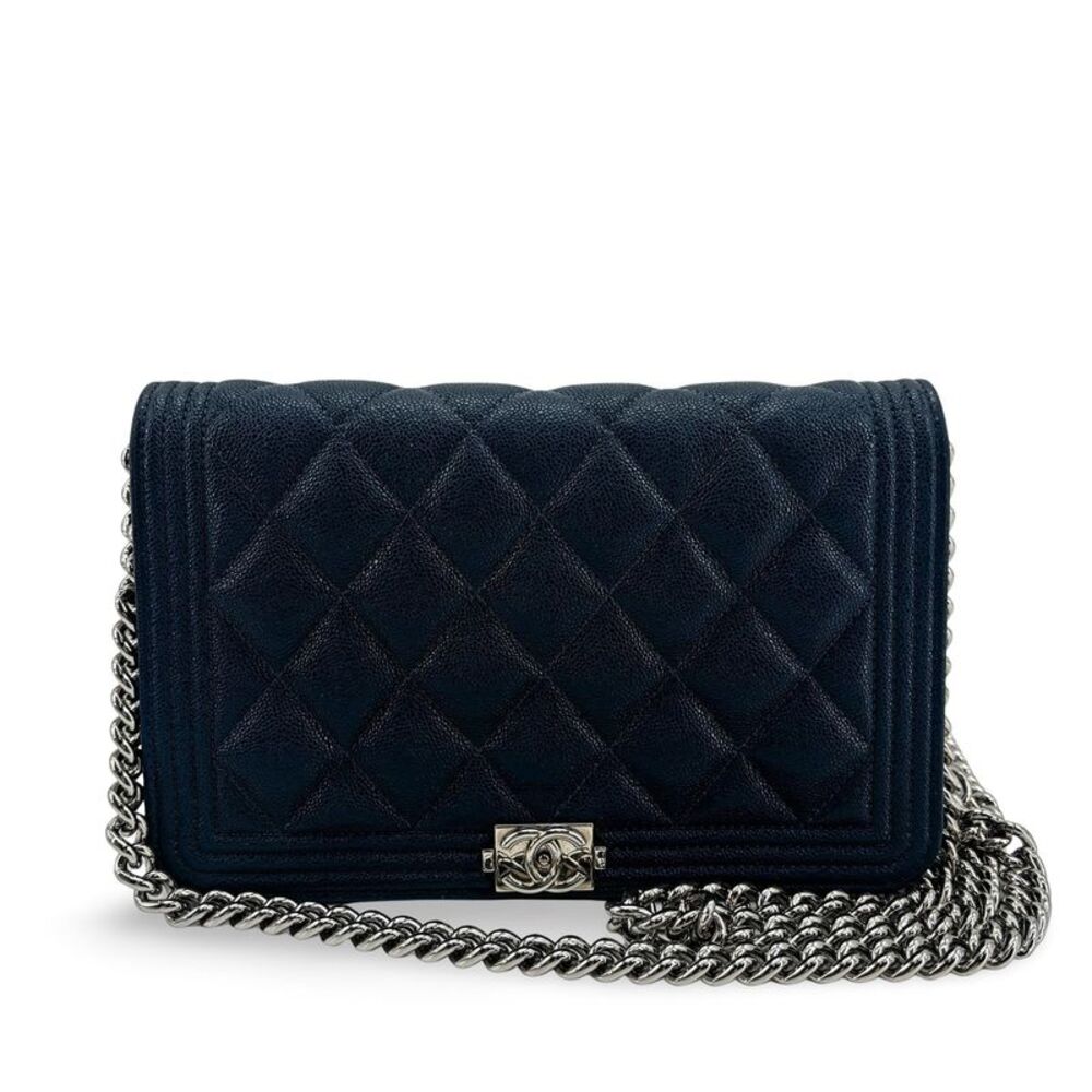 Chanel Boy Wallet on Chain Caviar Silver Hardware Navy